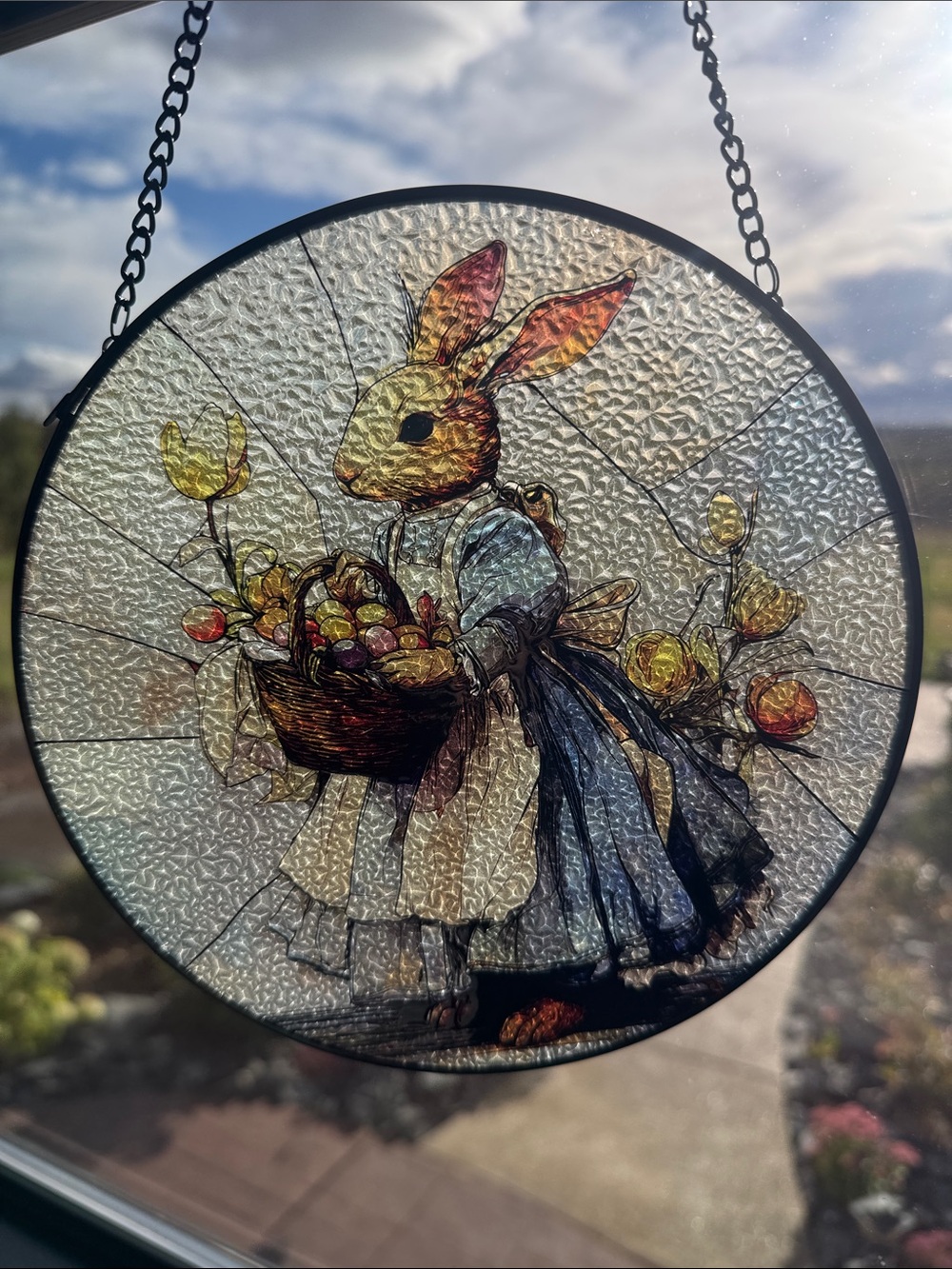 NEW Stained Glass Bunny Rabbit & Flower Basket Wall Hanging